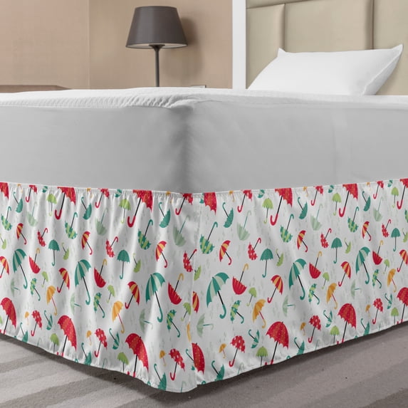 Rain Bed Skirt, Colorful Umbrellas Ornamented with Dots Pattern Modern Design Print with Water Drops, Elastic Bedskirt Dust Ruffle Wrap Around for Bedding Decor, 4 Sizes, Multicolor, by Ambesonne