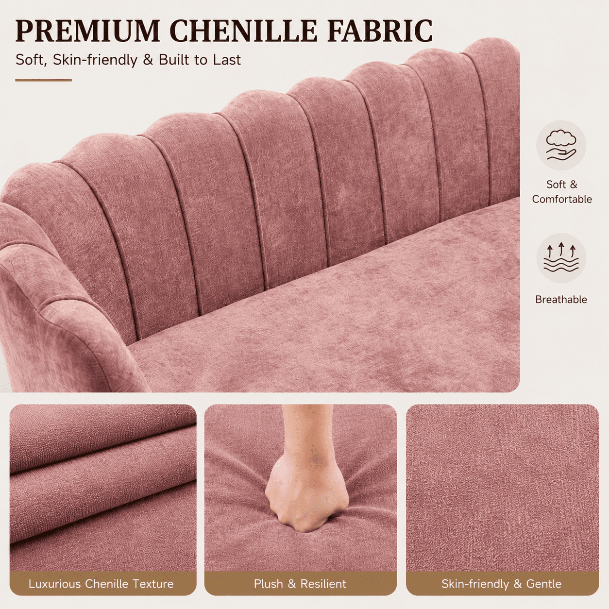 MOONMISS Chenille 2-Seater Loveseat with Gold Legs,Scallop-Tufted Curved-Back Sofa for the Living Room or Bedroom,Pink