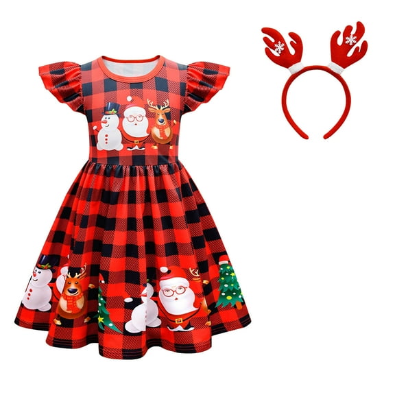 Gaexia Kids Christmas Outfits Girls,Toddler Kids Girls Cute Christmas Cartoon Prints Party Princess Dress Hairband Outfits,Red,6-7 Years