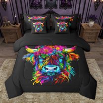 Homewish Kawaii Highland Cattle 7 Pieces Bedding Comforter Set,Colorful Country Floral Full Bedding Set,Rustic Farnhouse Cabin Fitted Sheet Flat Sheet For Teens,Luxury Bedroom Decor Reversible