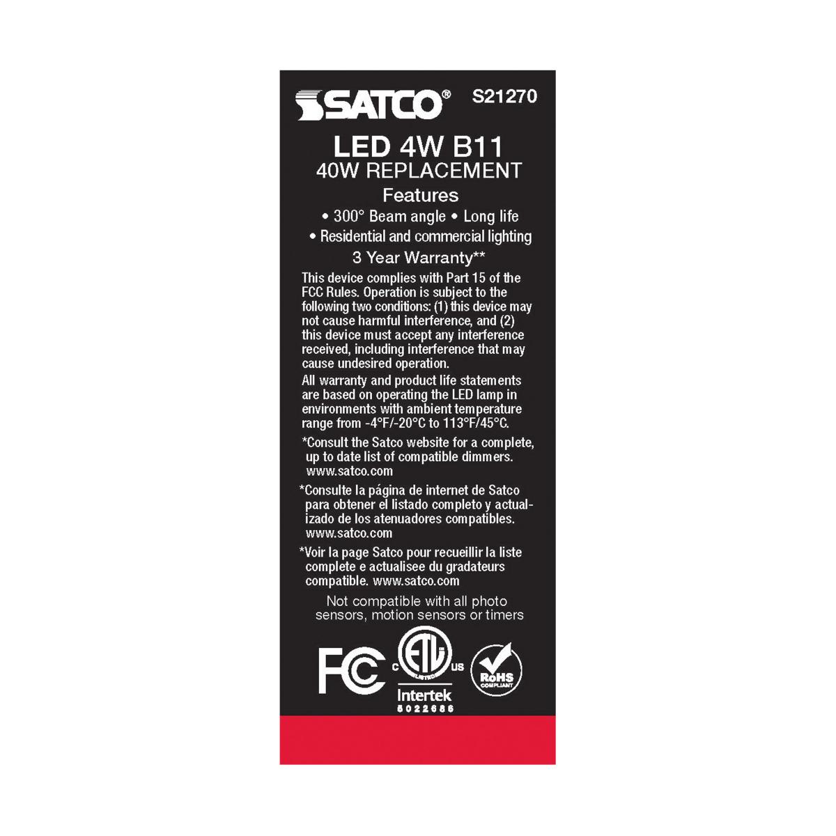 SATCO S21270 4W 120V B11 3000K 350 Lumen LED E12 Candelabra Base Light Bulb Dimmable (6 Pack)