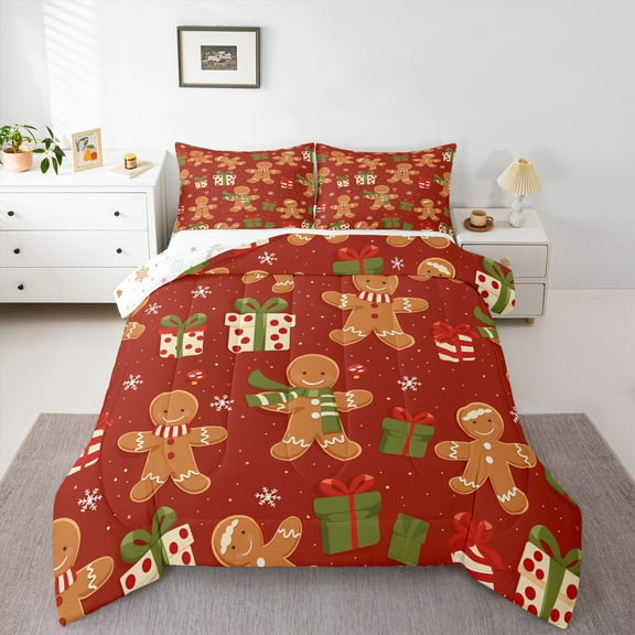 Manfei Child Gingerbread Man Bedding Comforter Set, Red Green Cartoon Twin Comforter Sets, Kawaii Christmas Snowflake Reversible Bedding Set, Ultra Soft Home Decor, 2pcs