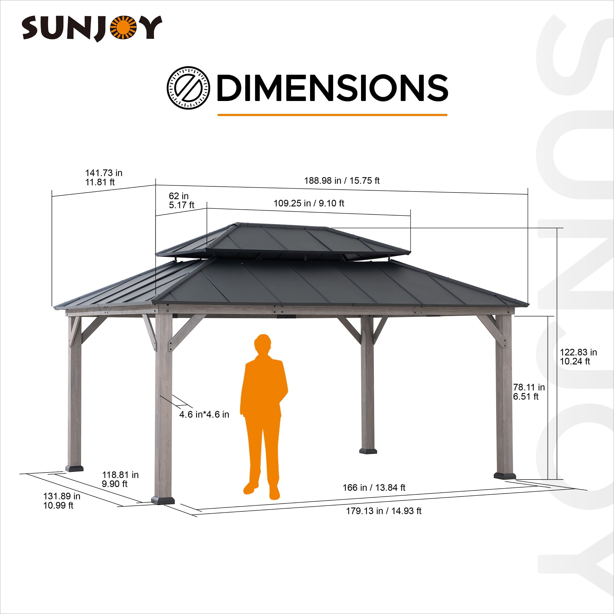 Sunjoy 12x16 ft. Wood Gazebo, Outdoor Patio Steel Hardtop Gazebo, Cedar Framed Wooden Gazebo with 2-tier Metal Roof, Suitable for Patios, Lawn, and Backyard, Matte Black