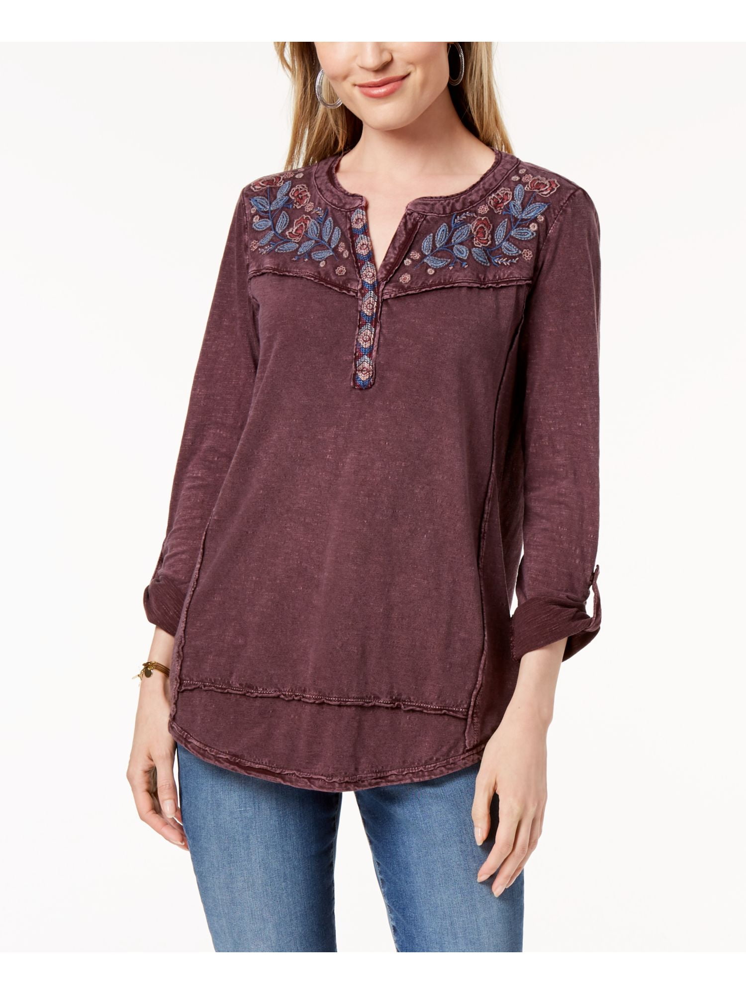 Style & Co. - STYLE & COMPANY Womens Burgundy Embroidered Long Sleeve V Neck Top Size PS 