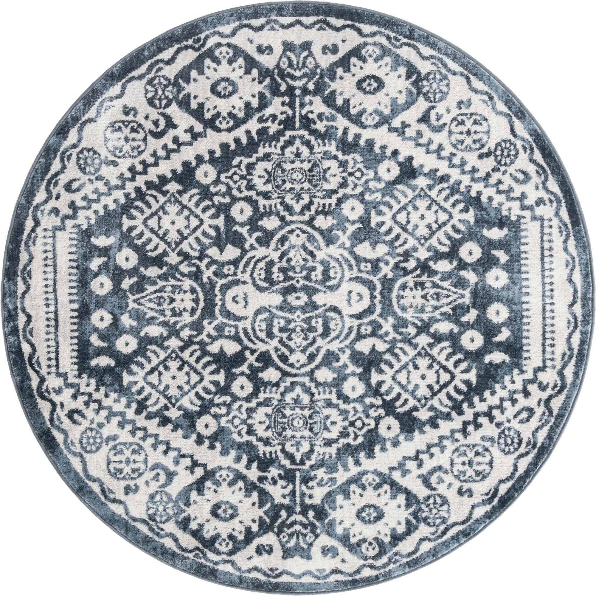 5' Blue and Ivory Border Round Area Throw Rug