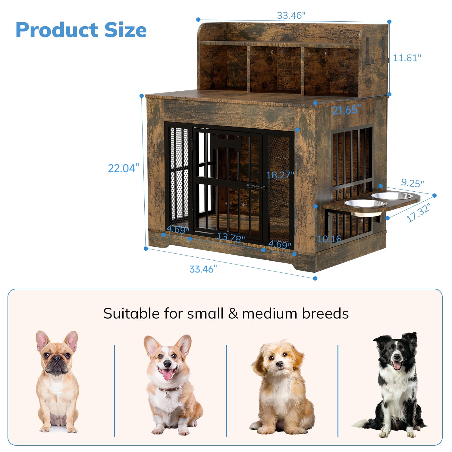 Behost 34" Dog Crate Furniture for Small /Medium Dogs with LED Light Feeding Bowls, Dual-Layer Storage, Decorative Dog Kennel for Indoor ,Rustic Brown