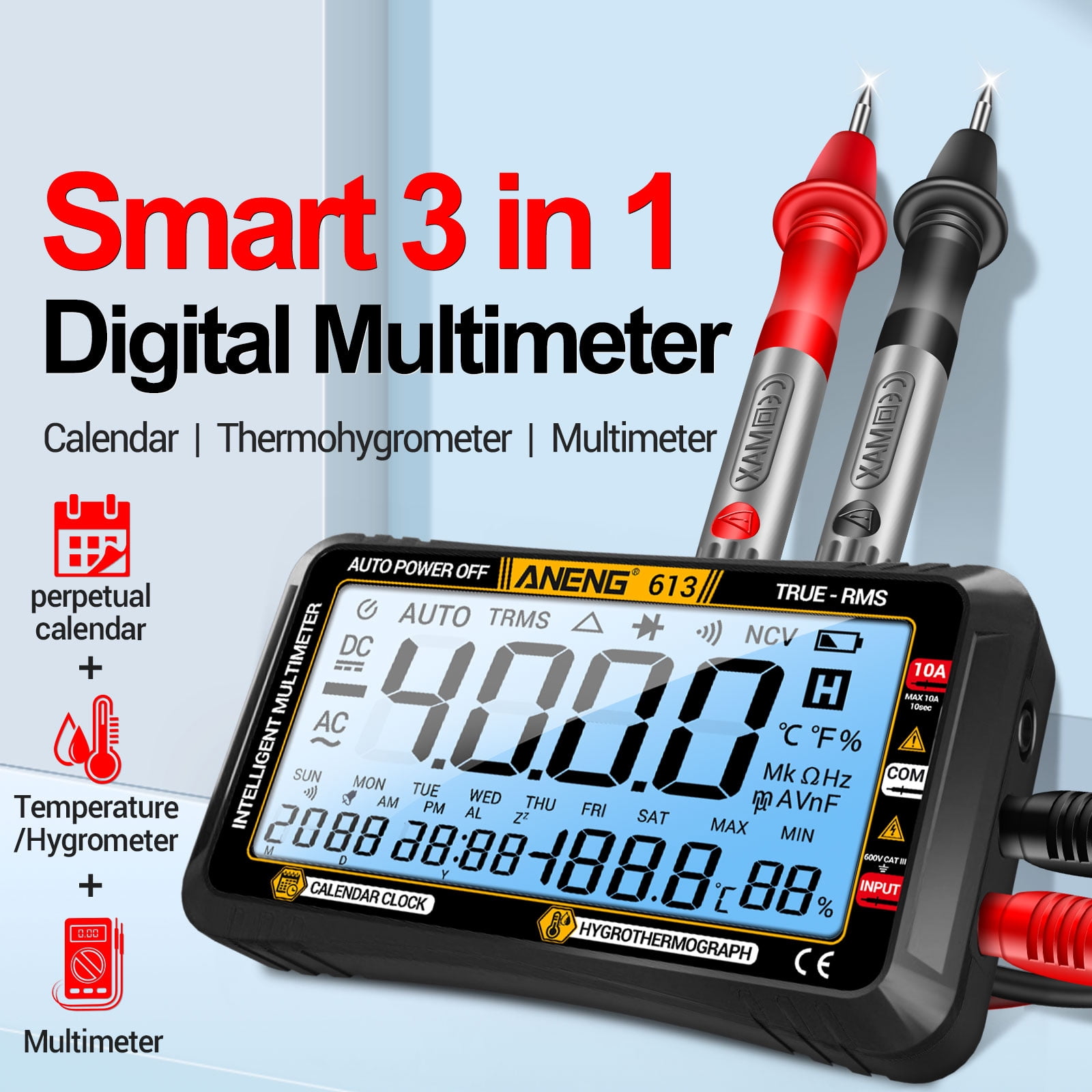 3 in 1 Smart Multimeter Perpetual Calendar Temperature Hygrometer 4000 Counts Digital AC/DC Curent Voltage Resistance Capacitor Tester Professional Test Tools