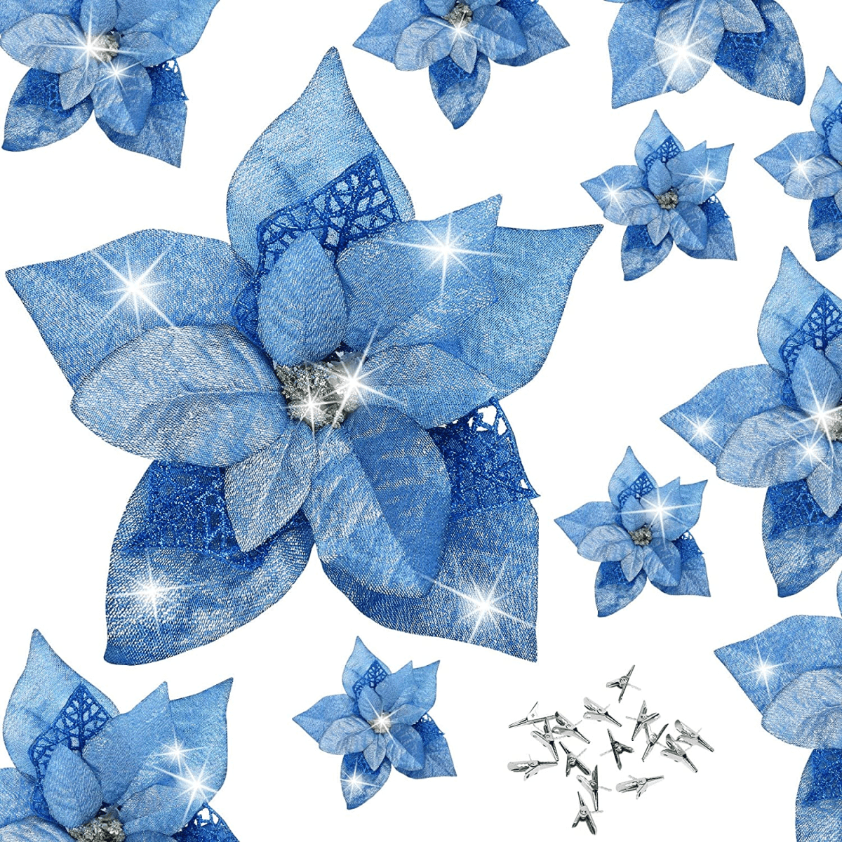 15 Pieces Christmas Glitter Poinsettia with Clips, Artificial Flowers