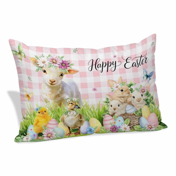Easter Pillow Covers, Linen Long Throw Pillow Case, Rabbit Sheep Eggs Butterfly Flowers Pink Grid Holiday Pillow Protector Decorative Cushion Cover for Living Room/Bedroom 20" x 30"