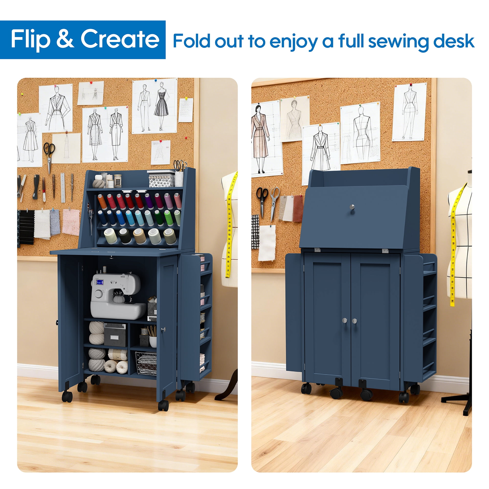 WARAYZ  Sewing Table & Storage Cabinet, Built-in Power Outlets, Spool Racks, Mobile Craft Desk with Lockable Wheels for Small Spaces, Blue