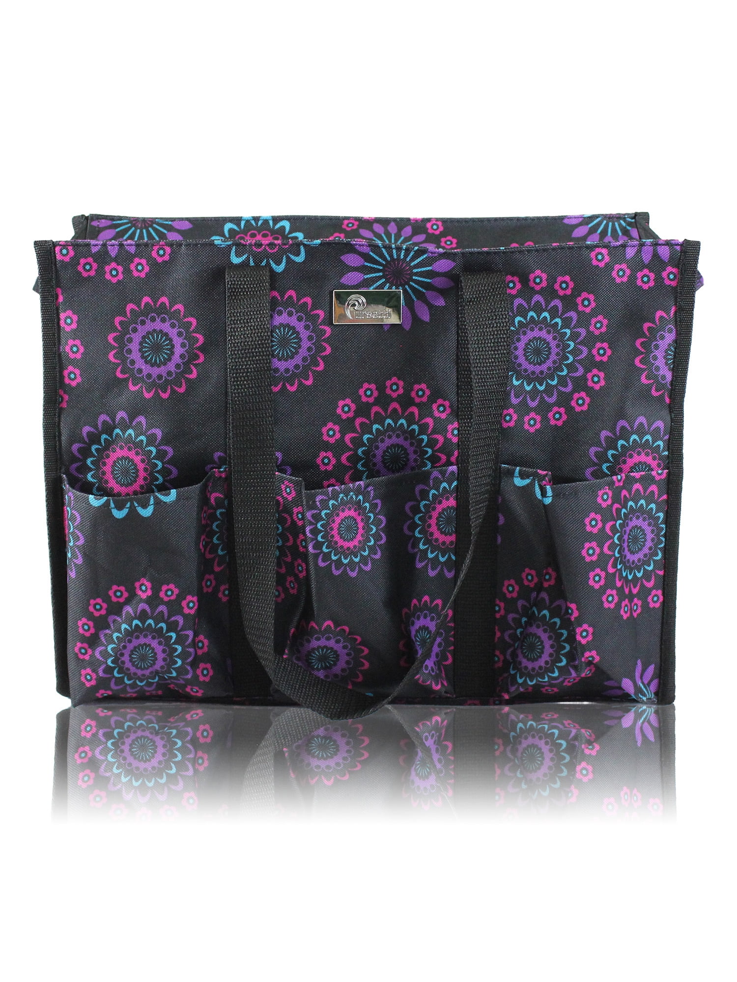 Teachers and Soccer Moms Nurses Pursetti Zip-Top Organizing Utility Tote Bag with Multiple Exterior & Interior Pockets for Working Women Black Daisy