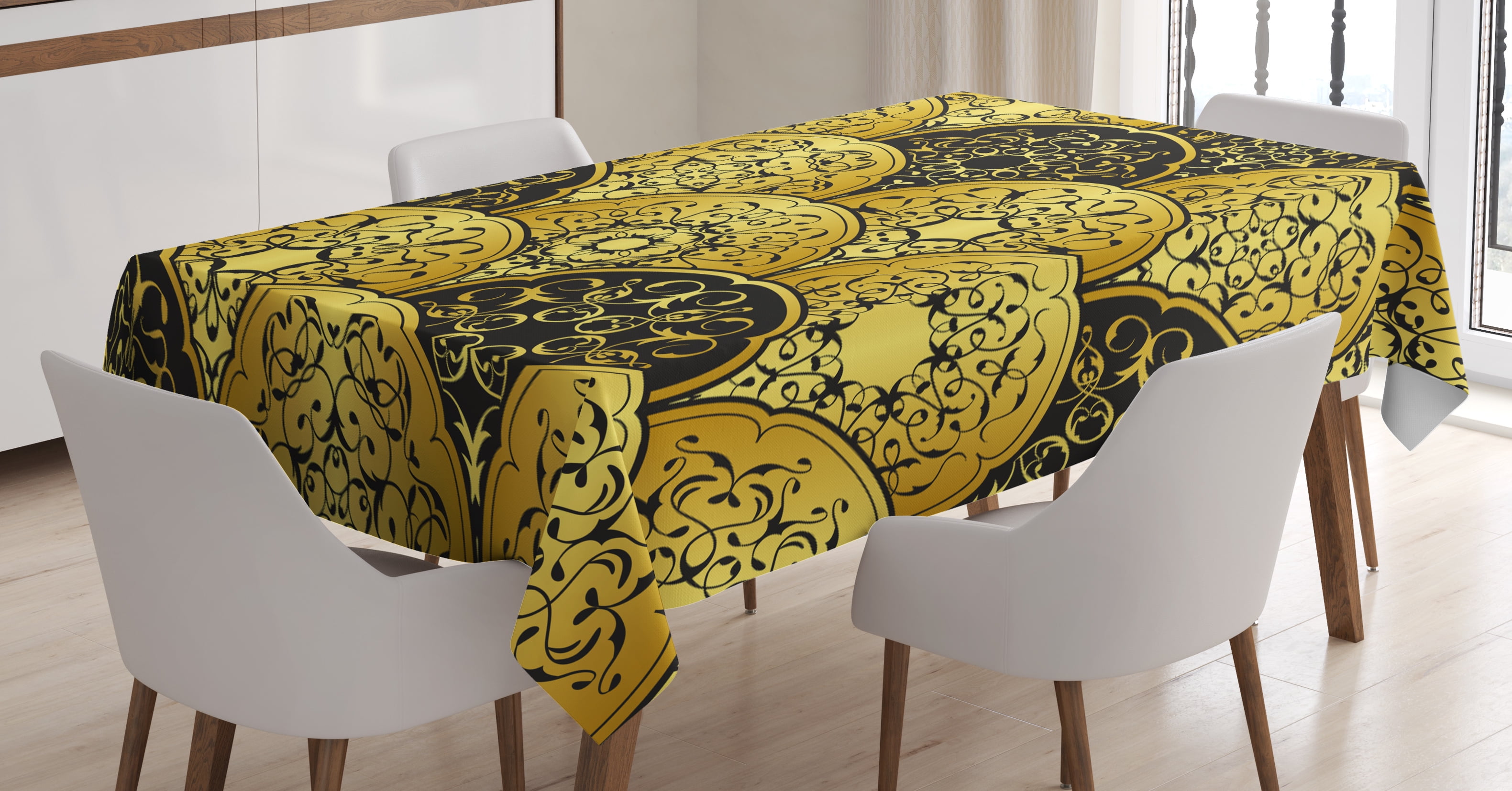 Gold Mandala Tablecloth, Overlapping Round Shapes Luxury Style Revival