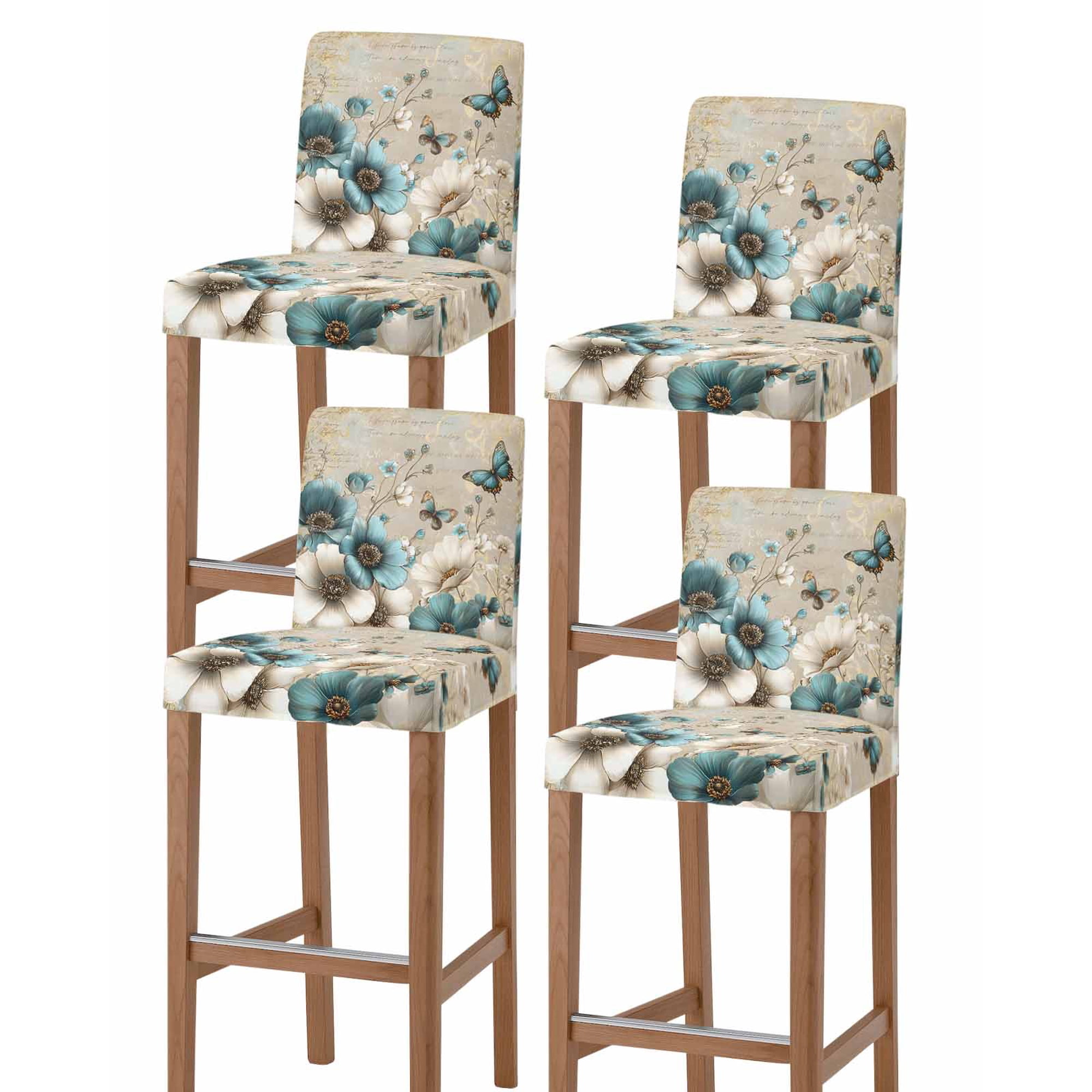 Teal Tulip Butterfly Bar Stool Covers Set of 4, Beige Turquoise Floral Vintage Rustic Stretch Bar Chair Covers with Backs, Removable Pub Counter Height Chair Cover for Kitchen Dining Room Cafe