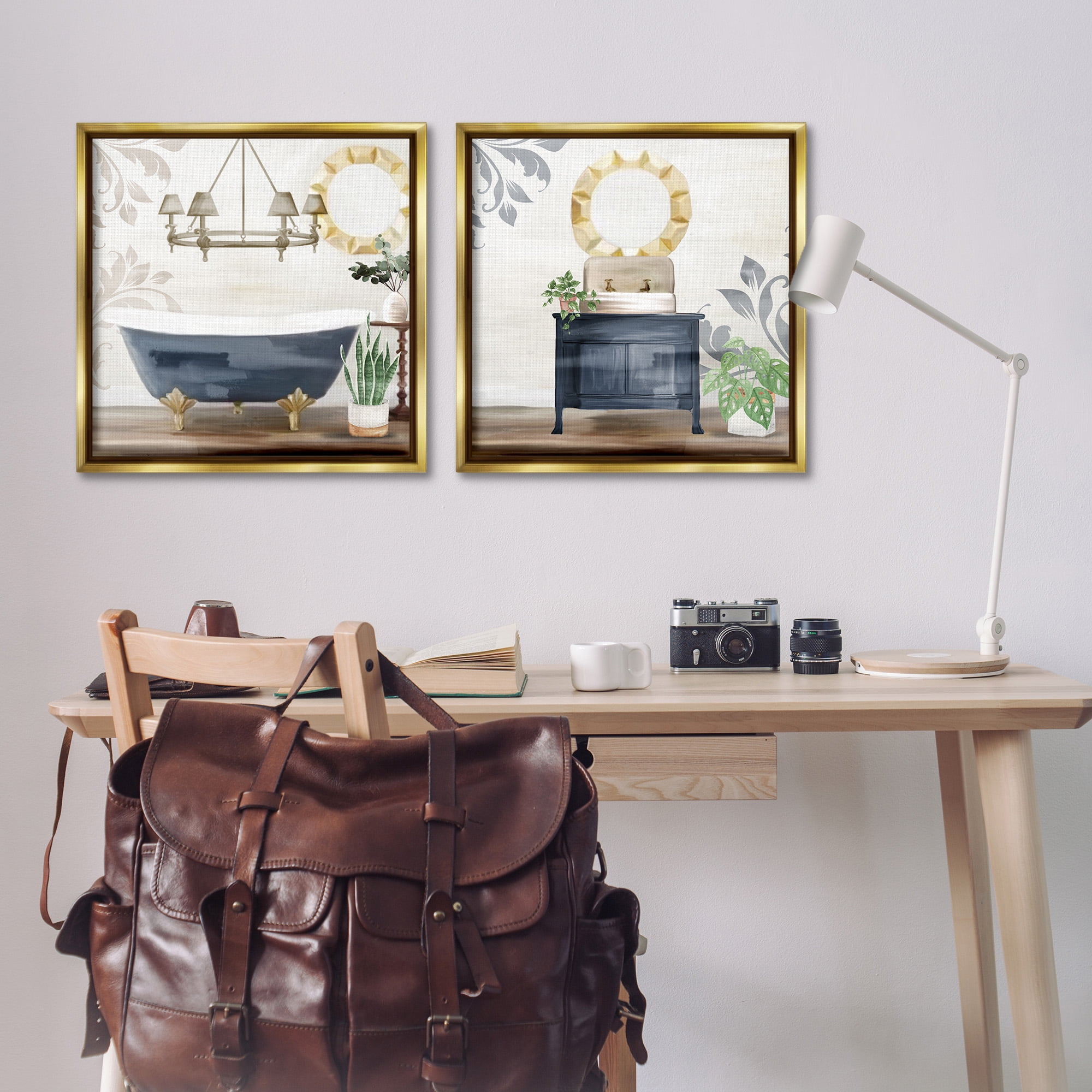 Stupell Industries Chic Bathroom Interior Still Life Abstract Painting Gold Floater Framed Canvas Art Print Wall Art, 25 x 25, Set of 2
