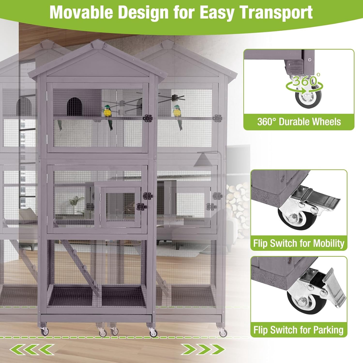 Aivituvin Large Bird Cage Outdoor Wooden Aviary Indoor on Wheels, with Play Stand, Perches, Nest Habitat & Wire Mesh Tray for Easy Cleaning