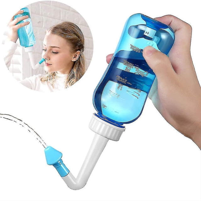 enjuague nasal, botella de irrigador nasal 300ml neti pot sinus kit para adultos y niños-azul botella azul transparente de 300 ml con marcas de volumen, boquilla blanca inclinada 60° y botón inferior para liberar chorro; incluye boquilla pequeña adicional para niños y una escena circular que muestra uso en la fosa nasal; tamaño portátil adecuado para llevar en viajes.