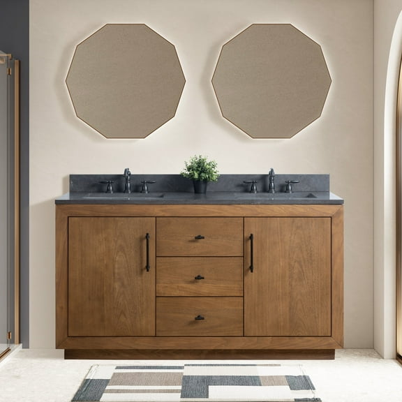 Vanity Art 60” Double Sink Bathroom Vanity Cabinet with Adjustable Shelves, Solid Wood Free Standing Storage Cabinets with Black Limestone Countertop, Undermount Sinks, Flip Down Tray, and 2 Drawers