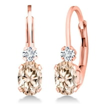 Gem Stone King 18K Rose Gold Plated Silver Peach Morganite and White Diamond Leverback Earrings for Women (1.07 Cttw, Gemstone October Birthstone, Oval 6X4MM, Round 2MM, 3/4 inch)
