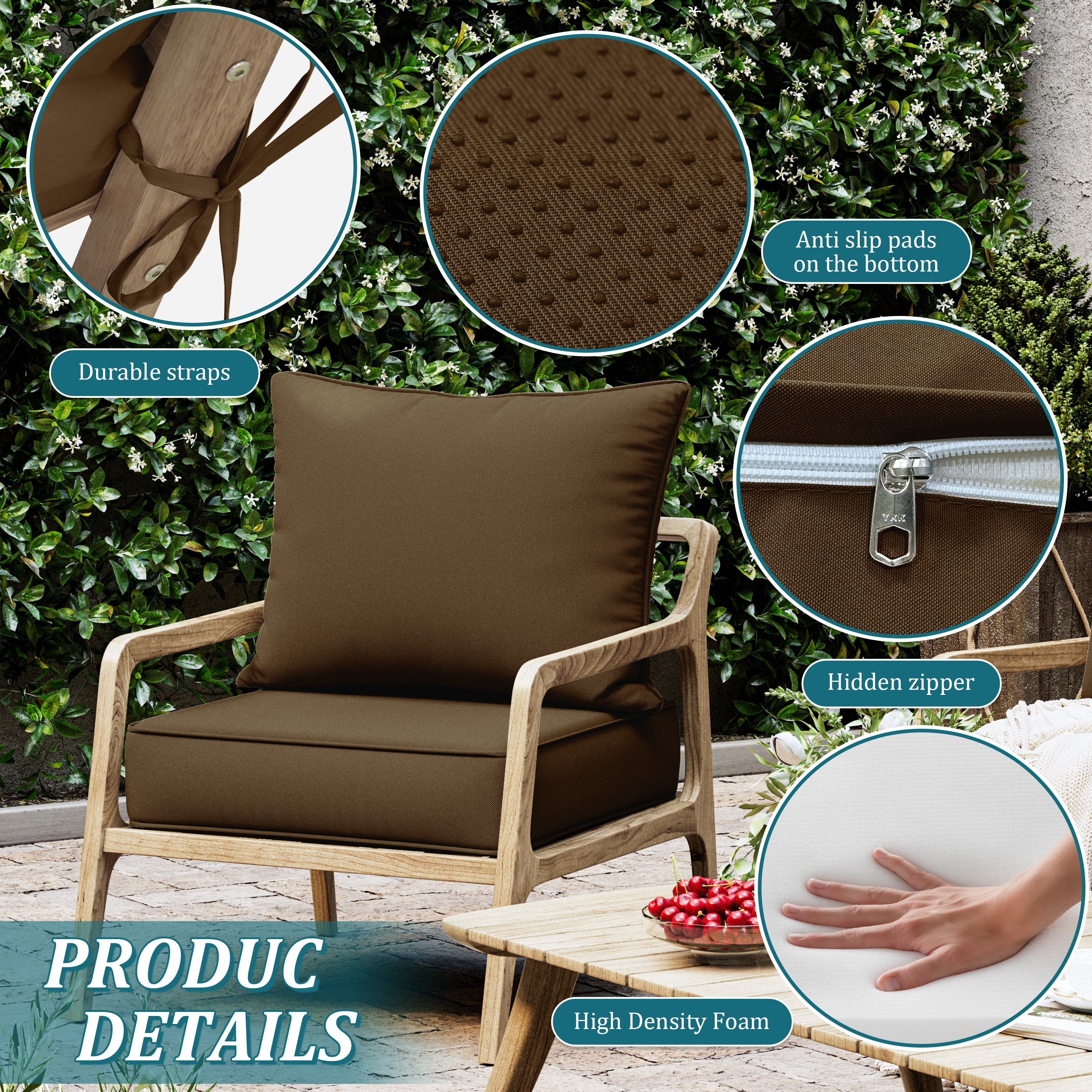Kimunuk Outdoor Deep Seat Cushion Set, 24" x 24" x 6.5" Patio Furniture Chair Cushions Replacement for Sofa Couch, Chocolate