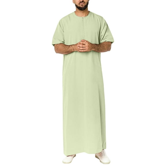 Fimkaule Muslim Dresses for Men Long Sleeve Casual Solid Round Neck Zipper Jubba Thobe Robe for Men
