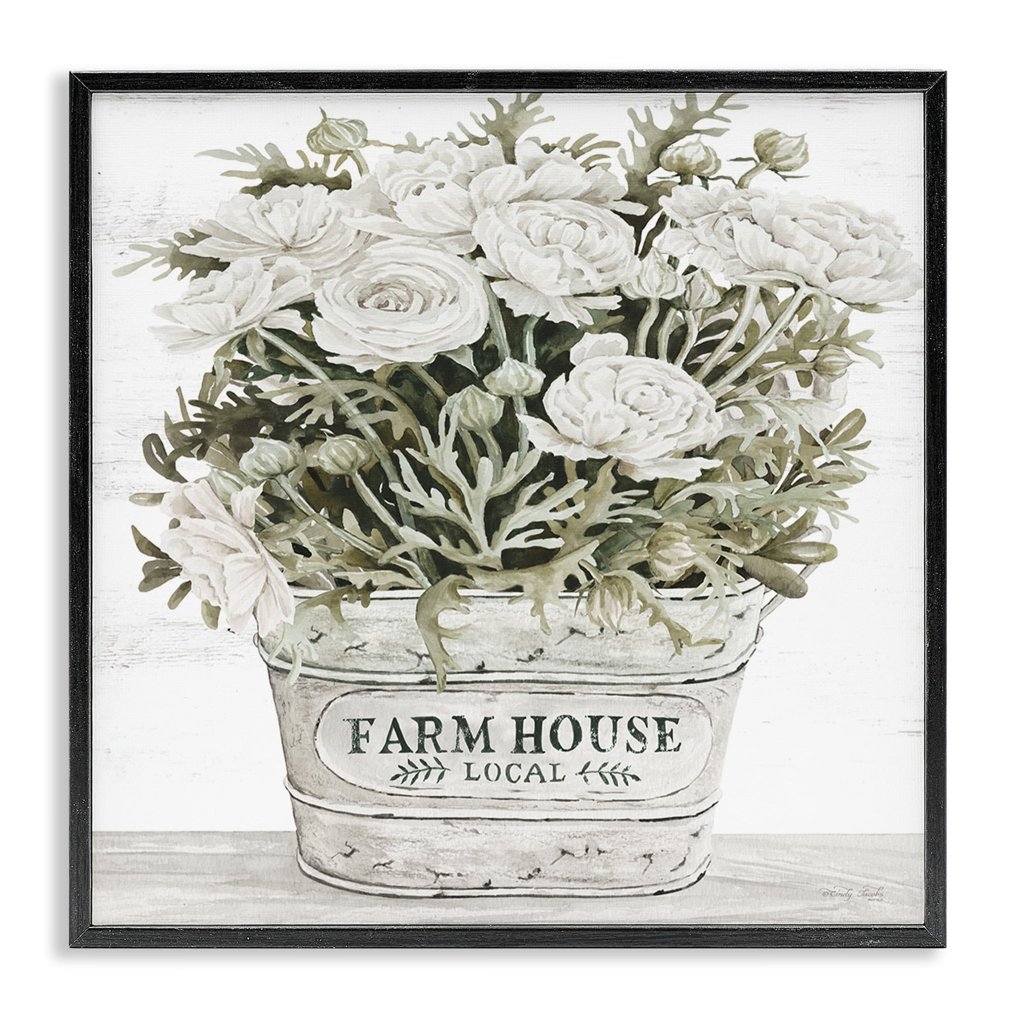 Stupell Industries Farmhouse Planter White Rose Blossoms Rustic Table Painting Black Framed Art Print Wall Art, Design by Cindy Jacobs