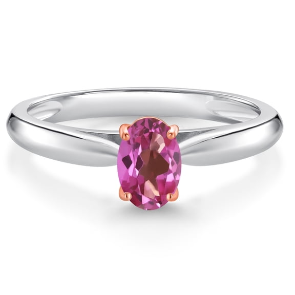 Gem Stone King 925 Sterling Silver and 10K Rose Gold Prongs Pink Mystic Topaz Solitaire Engagement Ring for Women (0.50 Cttw, Oval 6X4MM, Gemstone Birthstone, Available in Size 5, 6, 7, 8, 9)