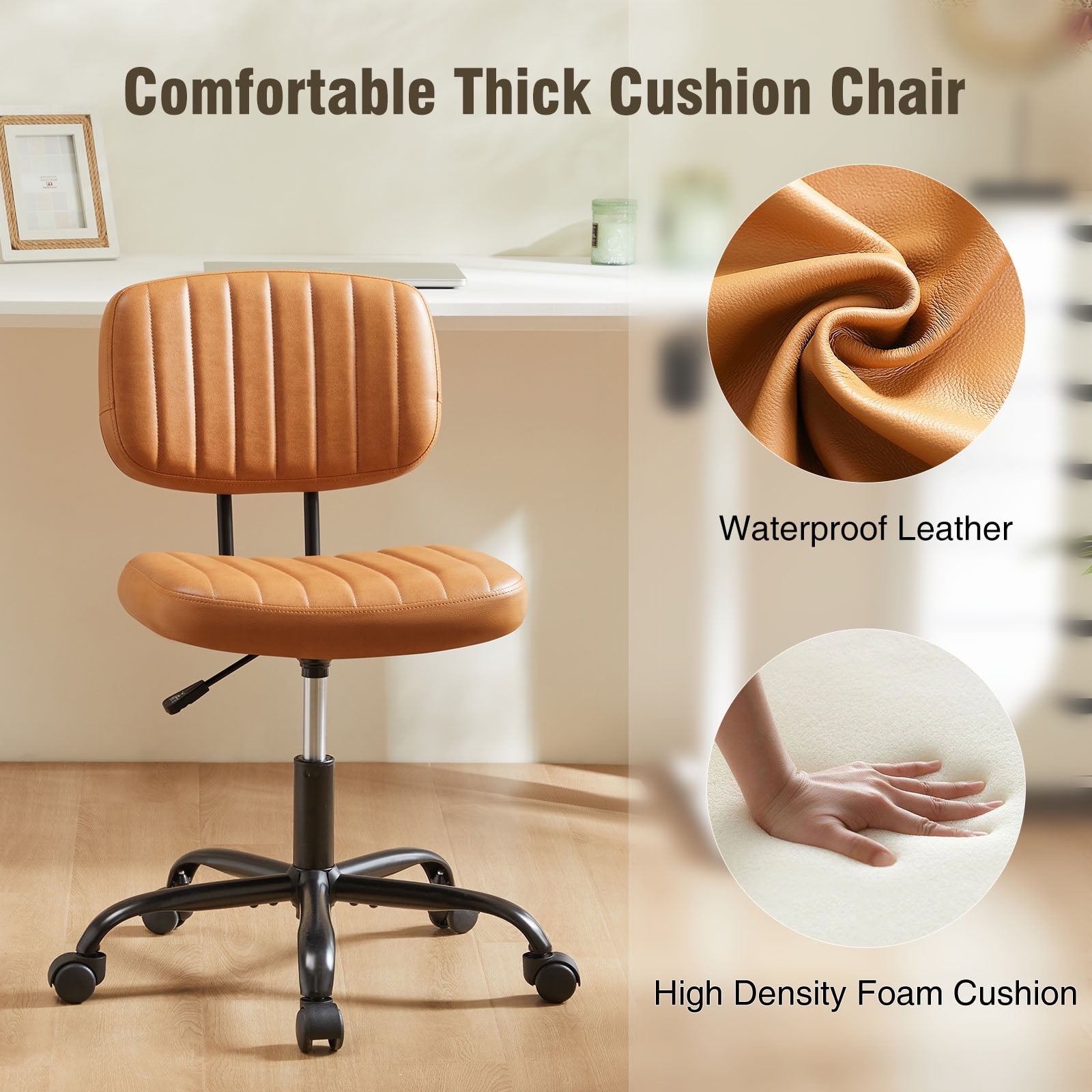 Gianna Armless Office Chair – Adjustable Rolling Task Chair with Lumbar Support for Comfortable All-Day Sitting, Brown