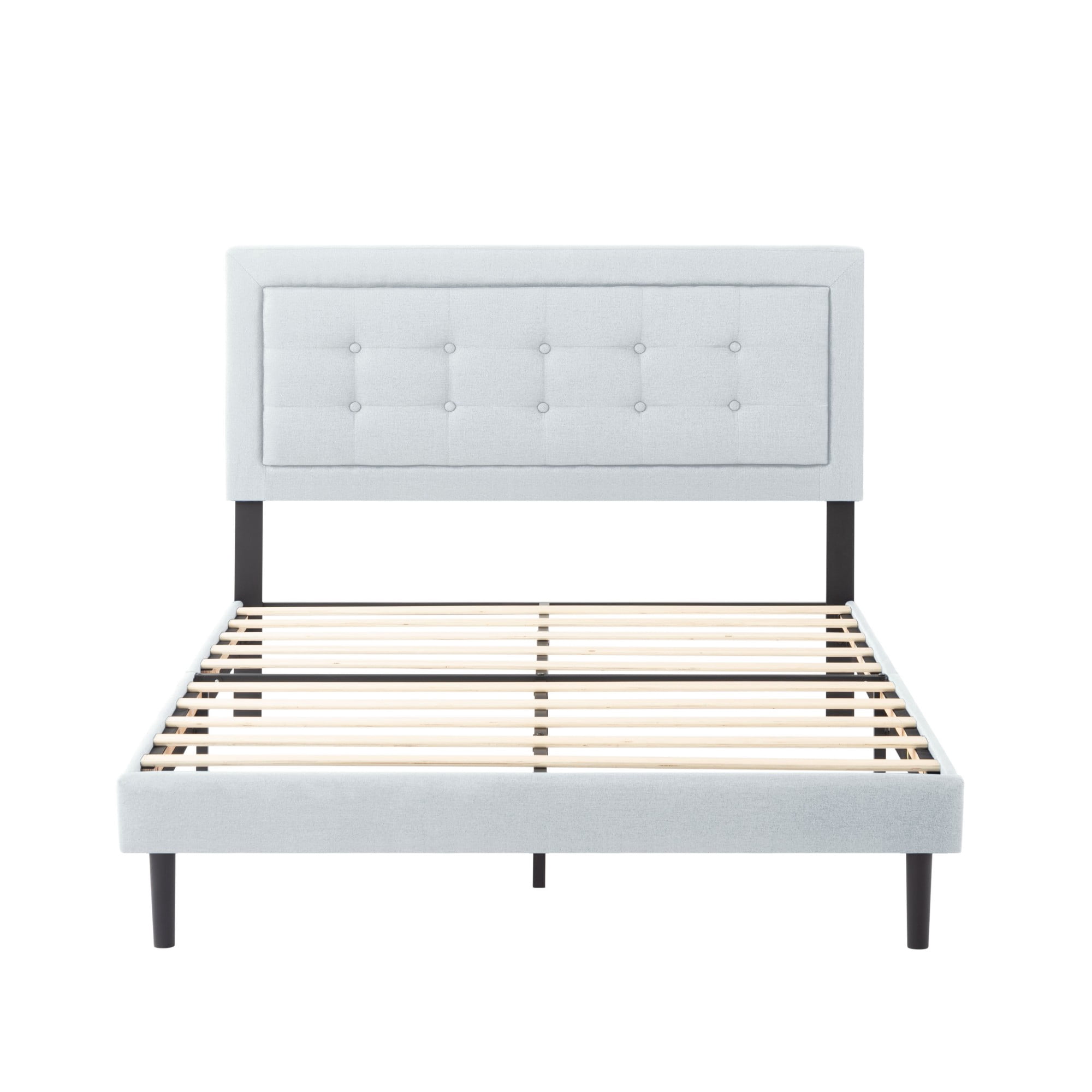 Gewnee Full Size Platform Bed Frame, Velvet Square Tufted Upholstered Headboard, Wood Slats with Center Support Leg, Easy Assembly, Bedroom Furniture, Light Gray