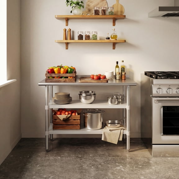 BizChair Stainless Steel 18 Gauge Work Table with 1.5" Backsplash and 2 Undershelves - 48"W x 24"D x 36"H, NSF