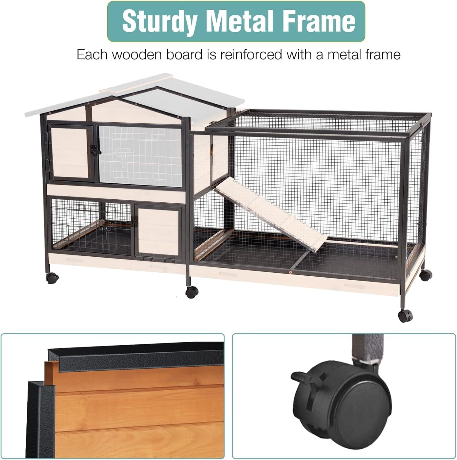 Aivituvin 2-Story Rabbit Cage with Chew-Proof Metal Frame for Indoor/Outdoor 62" Bunny Hutch Guinea Pig Wooden Cages with Wheels & 2 Removable Trays