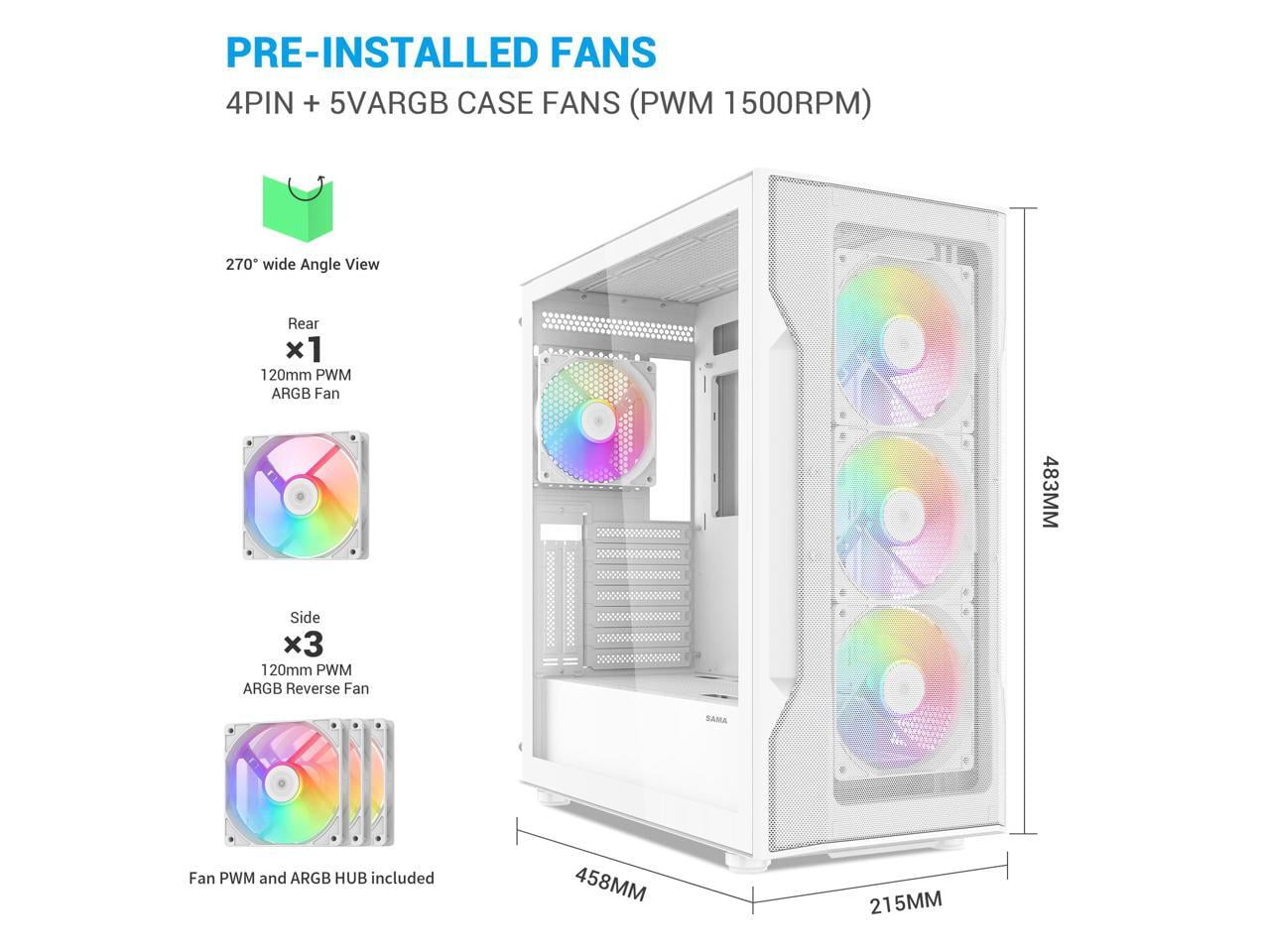 SAMA S40 White ATX Mid Tower Case - High Airflow, 4x 120mm ARGB PWM Fans, Tempered Glass, Mesh Front, Type-C, Supports ATX/M-ATX/ITX & 4090 GPUs - Computer Case