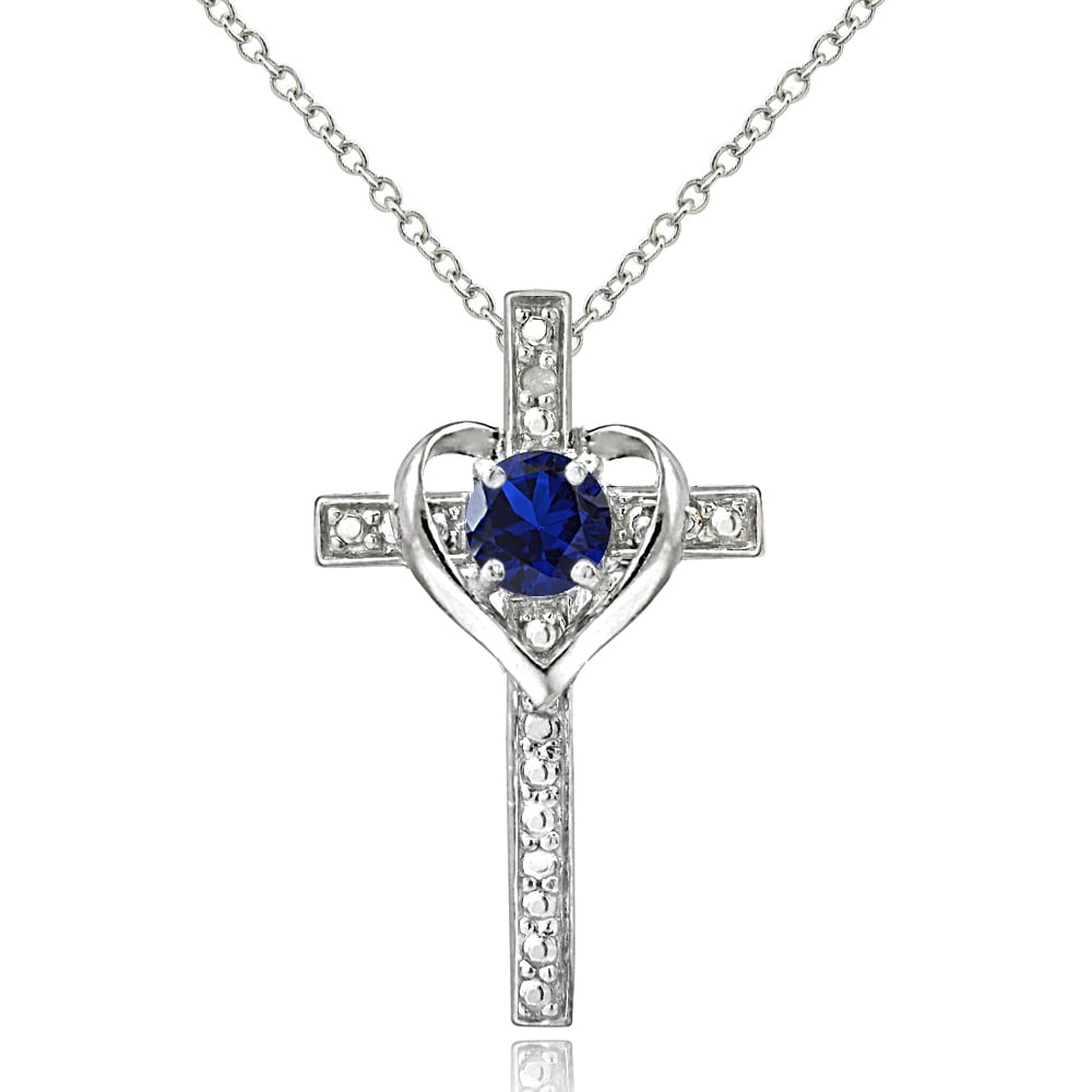 Sterling Silver Created Blue Sapphire & Diamond Accent Cross Heart Necklace