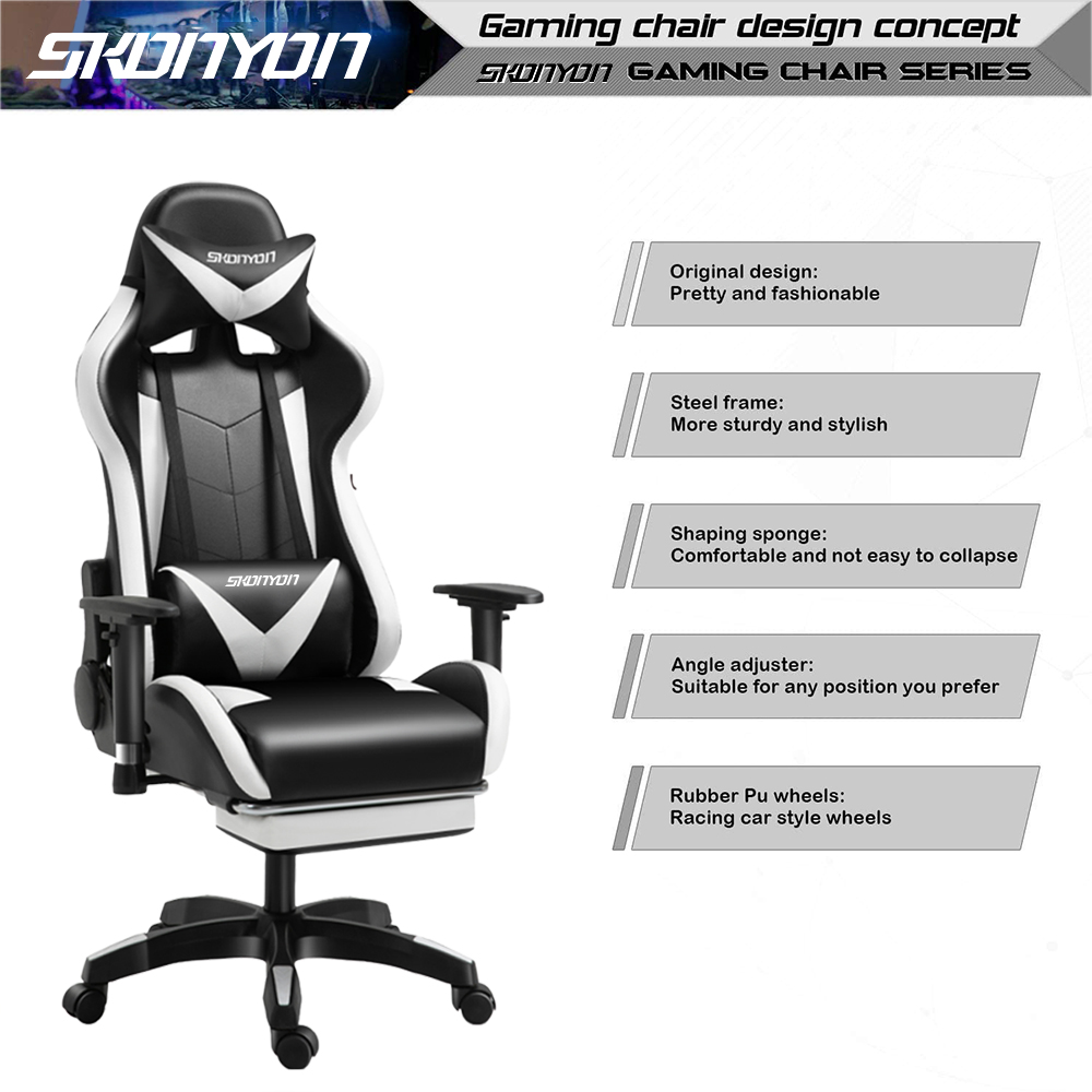 SKONYON Gaming Chair Executive Adjustable High Back Faux Leather Swivel Gaming Chair, Black/White New - image 5 of 9