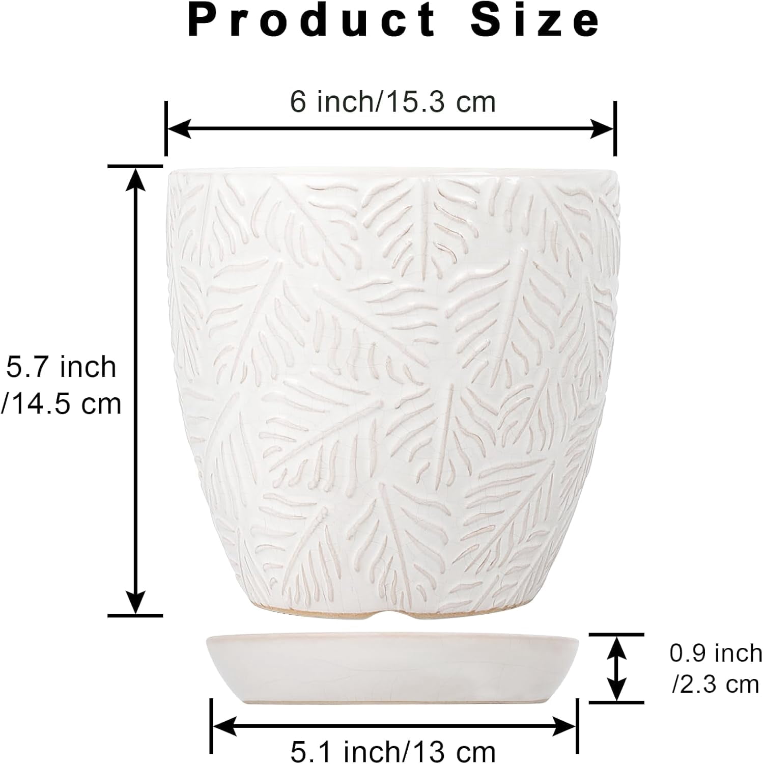 BUYMAX ceramic plant pots, 6 inch plant pots with drainage hole and saucer, indoor/outdoor flower pots, set of 2, leaf embossed - white glaze