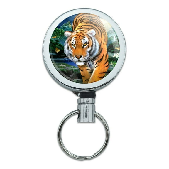 Tiger Stalking at Sunset Butterflies Heavy Duty Metal Retractable Reel ID Badge Key Card Tag Holder with Belt Clip