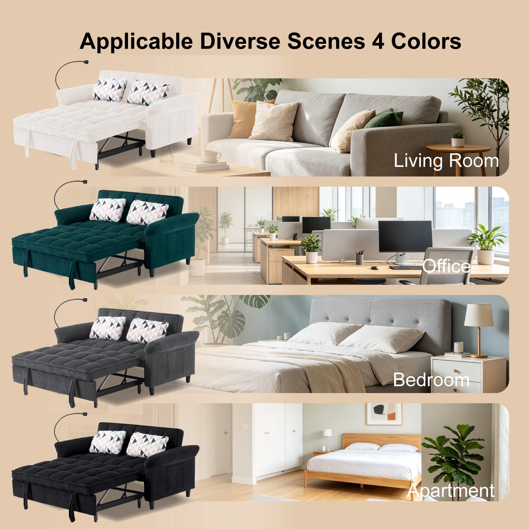 Gewnee 58"3-in-1 Corduroy Convertible Sofa Bed – Pull-out Loveseat Couch with 3 Reclining Positions & Storage Side Pocket,Sleeper Sofa for Living Room,Guest Room.Dark Grey