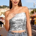 thumbnail image 7 of Sequin Tube Tops for Women Strapless Sparkly Glitter Bandeau Cropped Party Club Outfits Off Shoulder Blouses (Free Size, Silver), 7 of 7