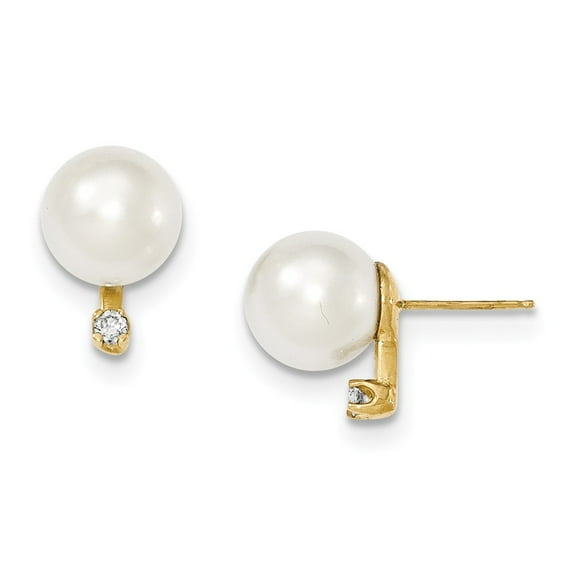 14k Gold 9-10mm Round White South Sea Cultured Pearl Diamond Post Earrings, Diamond CTW 0.1