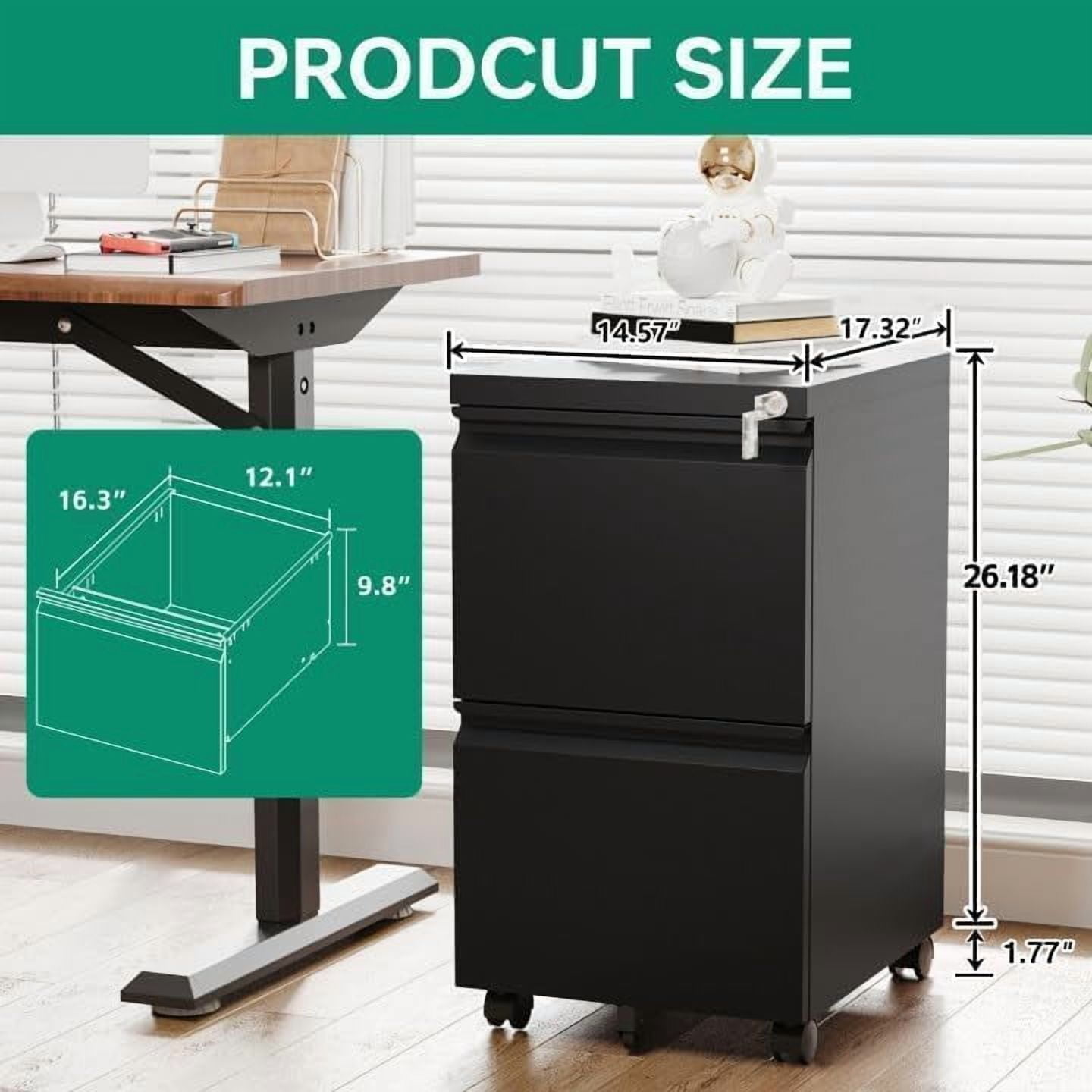 2 Drawer Mobile File Cabinet with Lock, Under Desk Metal Rolling Filing Cabinets for Home Office Organizer Letters/Legal/A4 (Black- Requires Installation)