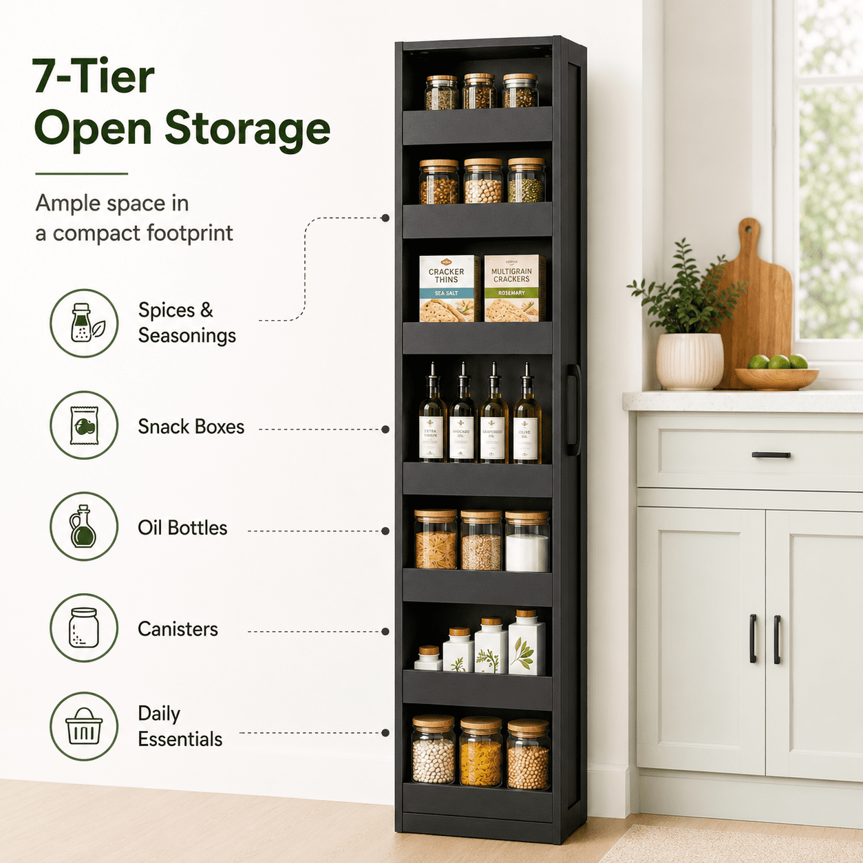 Aukfa 7-Tier Slim Rolling Pantry Cabinet, 68.3" Narrow Pull-Out Kitchen Storage Cart with Handle and Casters,Black