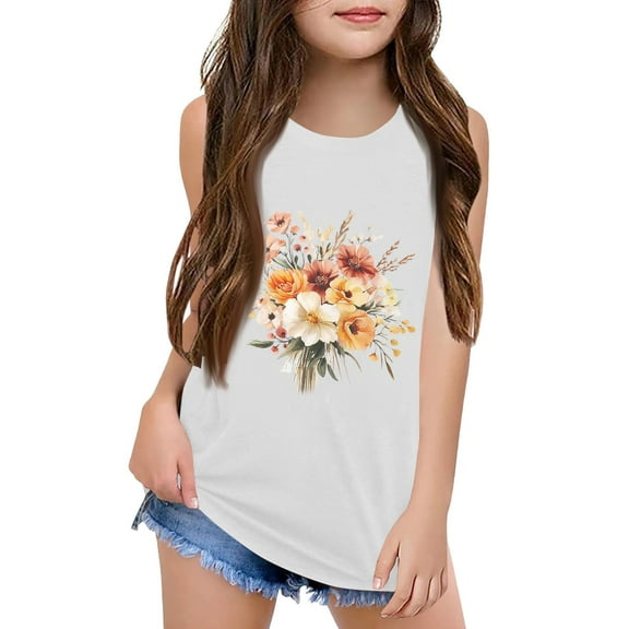 XADYUY Girls Tank Tops Tops 14-16 Summer Crewneck Sleeveless Teens Girls Tank Top Cute Floral Print Loose Dancewear,Beige