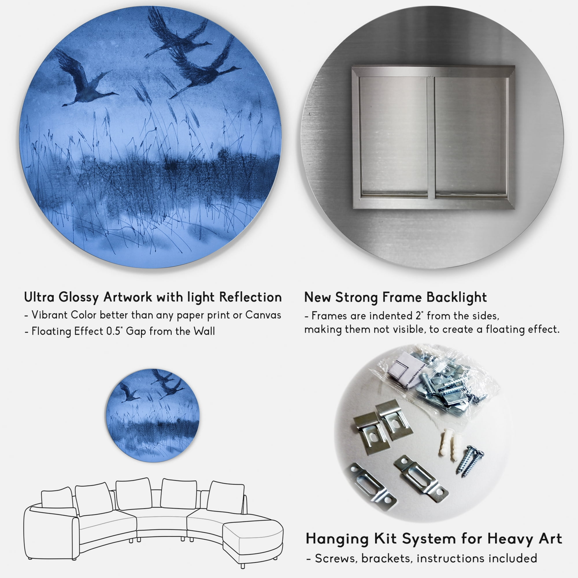 Designart 'Cranes In Flight During Blue Evening Light' Traditional Circle Metal Wall Art 29x29 - Disc of 29