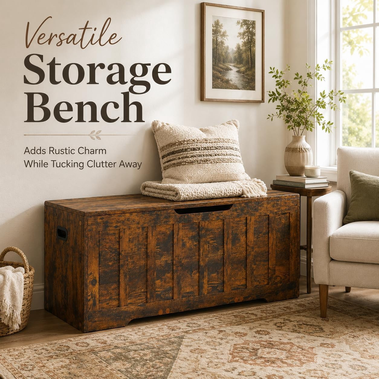 47.2" Storage Chest for Bedroom, Extra Large Wooden Storage Trunk with 2 Safety Hinges, Entryway Storage Bench, Blanket Chest and Storage Bench for Bedroom, Living Room, Hallway