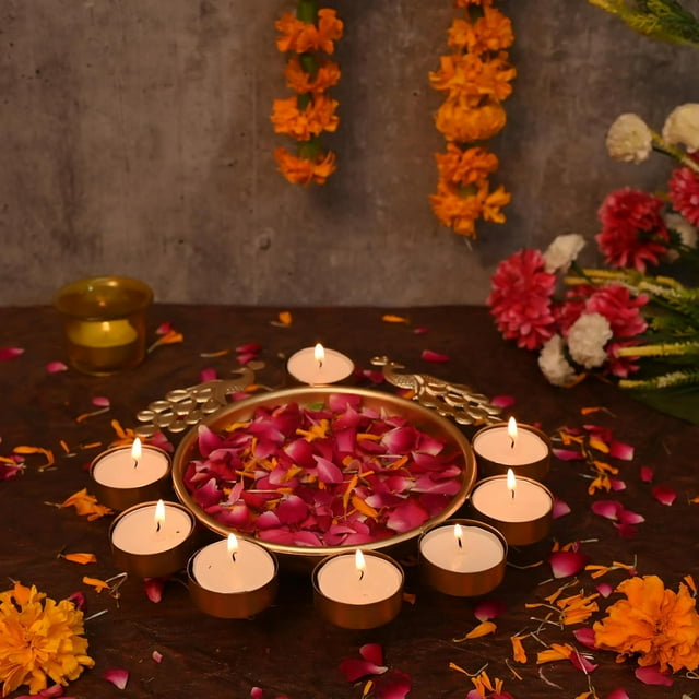 Gyarsilal's Flower Decorative Tea Light Candle Holder Urli Bowl with Peacock for Home (9.5 Inch), Tea Light Candles and Floating Flowers Handcrafted for Home, Office and Table Decor | Diwali Gift Item