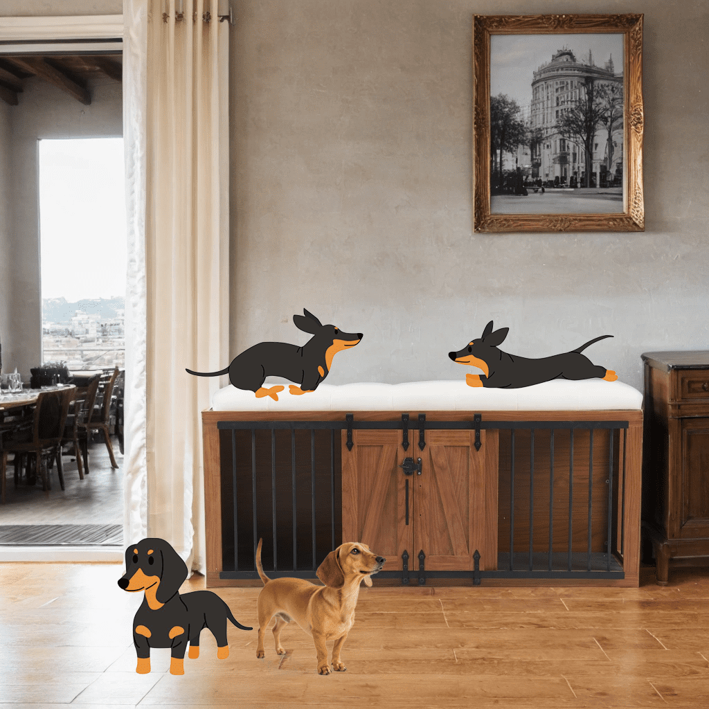 Euroco 56"L, Furniture Style 2 in 1 Dog Crate with Padded Seat, Sliding Barn Door, Luxury Wooden Dog Kennel, End of Bed Bench Ottoman with Removable Cushion for Bedroom, Living Room, Walnut