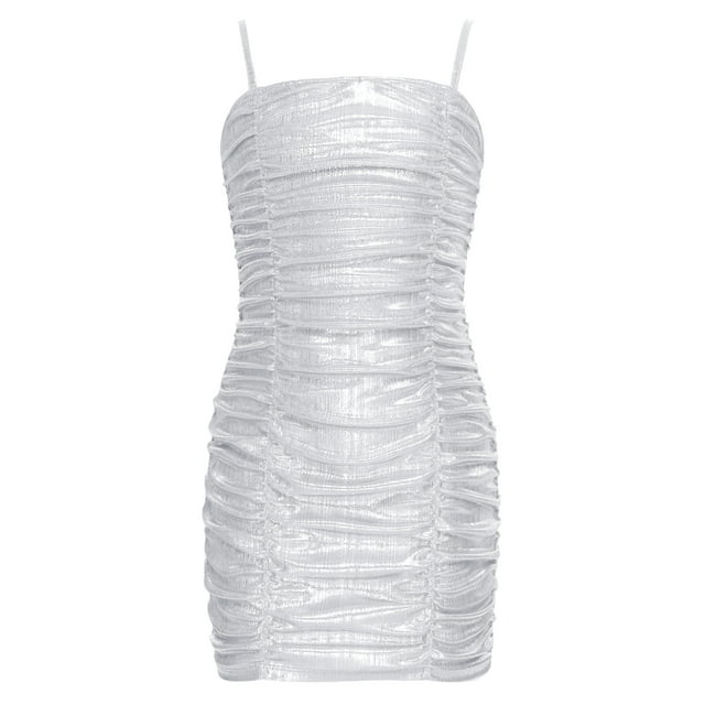 Moggemol Robe Caraco à Bretelles Spaghetti pour Fille Sans Manches Froncée Courte Ajustée Coupe Crayon Argent 8