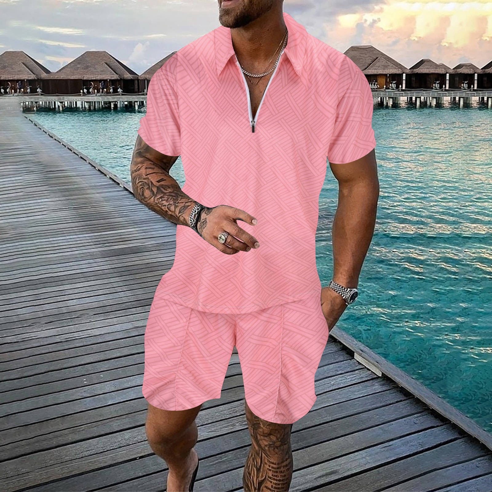 Zszcpp Shorts Set Men 2 Piece Outfit Daily Life Polo Zipped