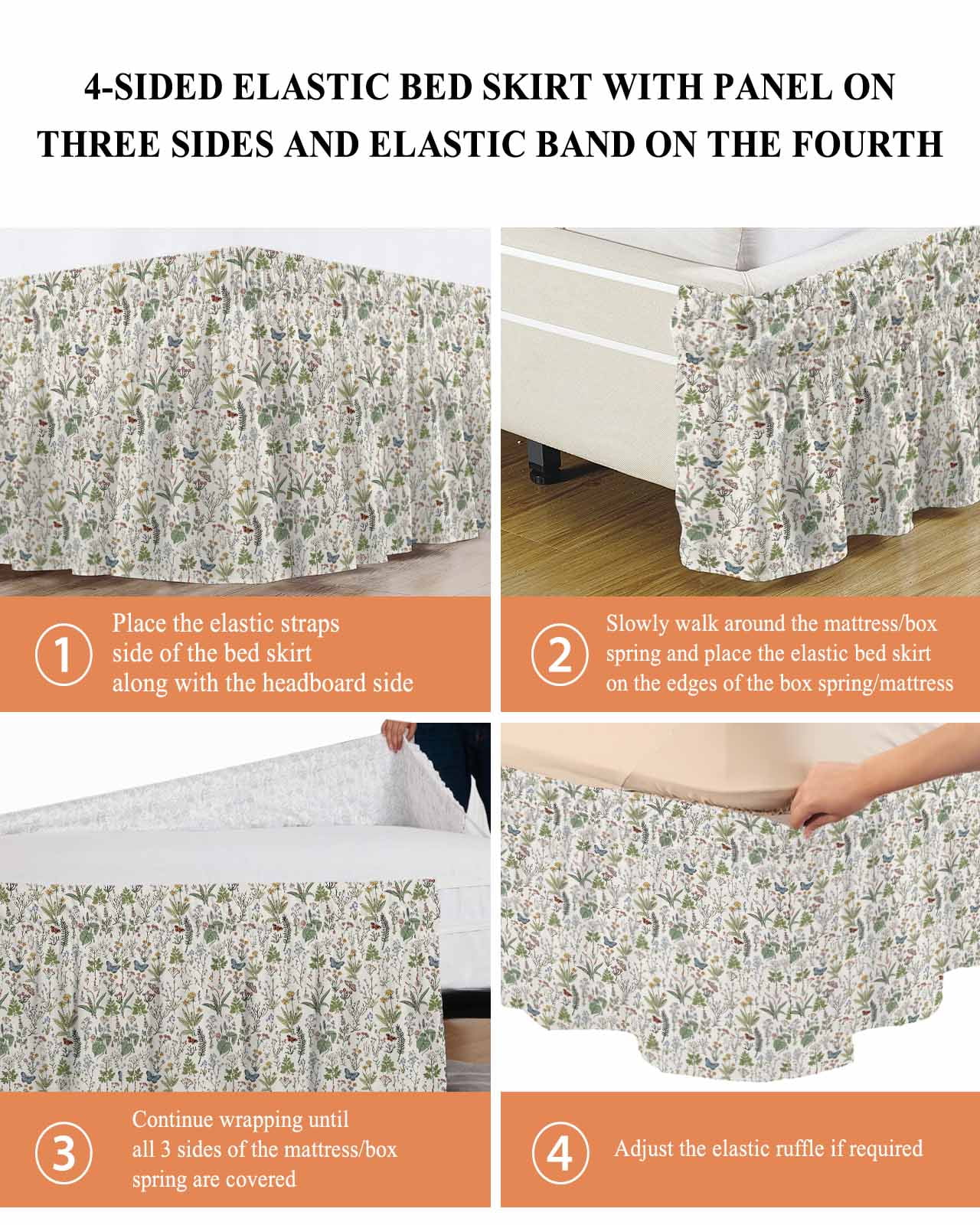 Herb Flower Texture Bed Skirt King Size 16 Inch Drop, Retro Watercolor Country Farmhouse Adjustable Elastic Dust Ruffles Bedskirt for King Bed Wrap Around Pleated Mattress Frame Cover