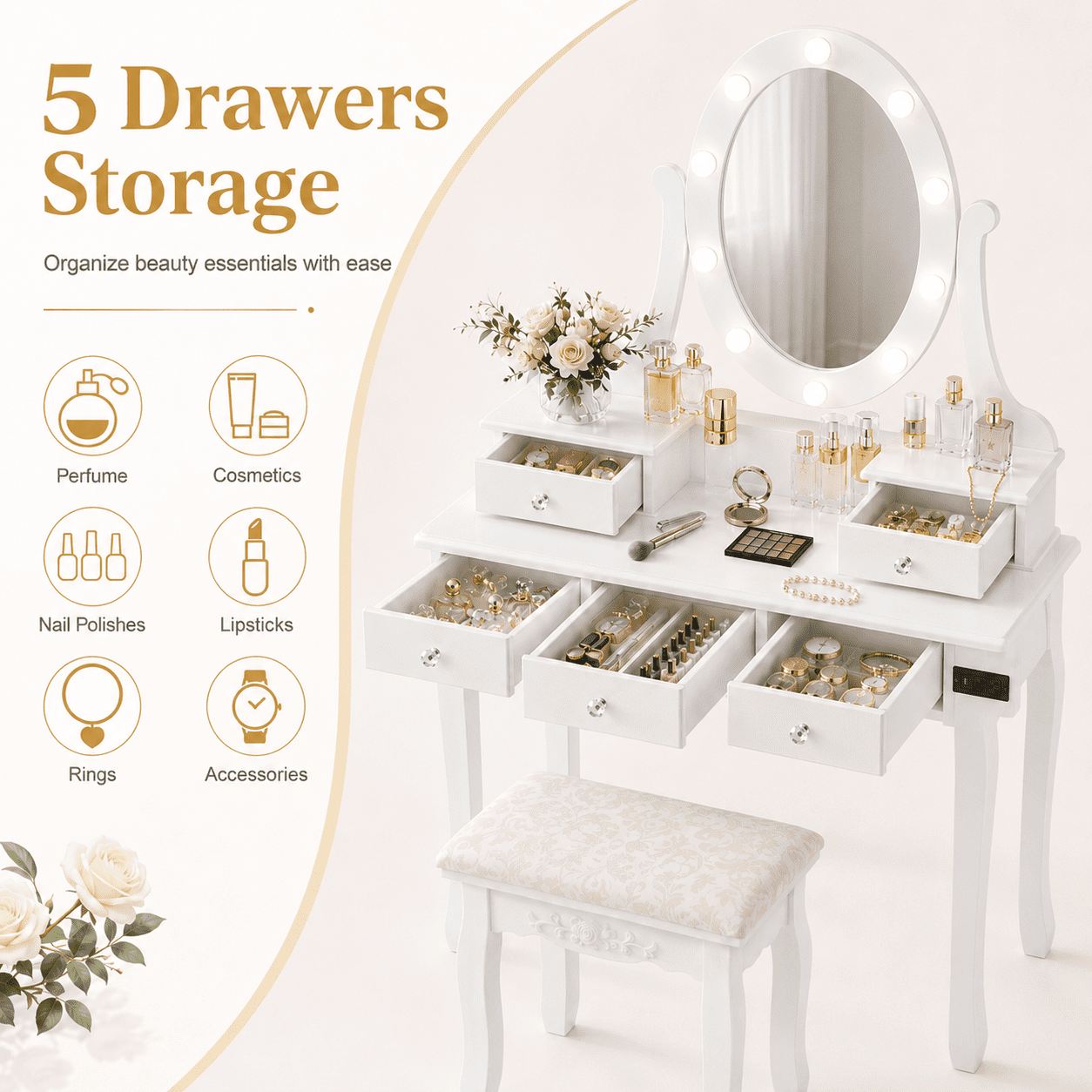 Ktaxon Makeup Vanity Table with 3 Color Lights, 5 Drawers Makeup Dressing Desk with USB Charging Station, Bedroom Vanities Set, White