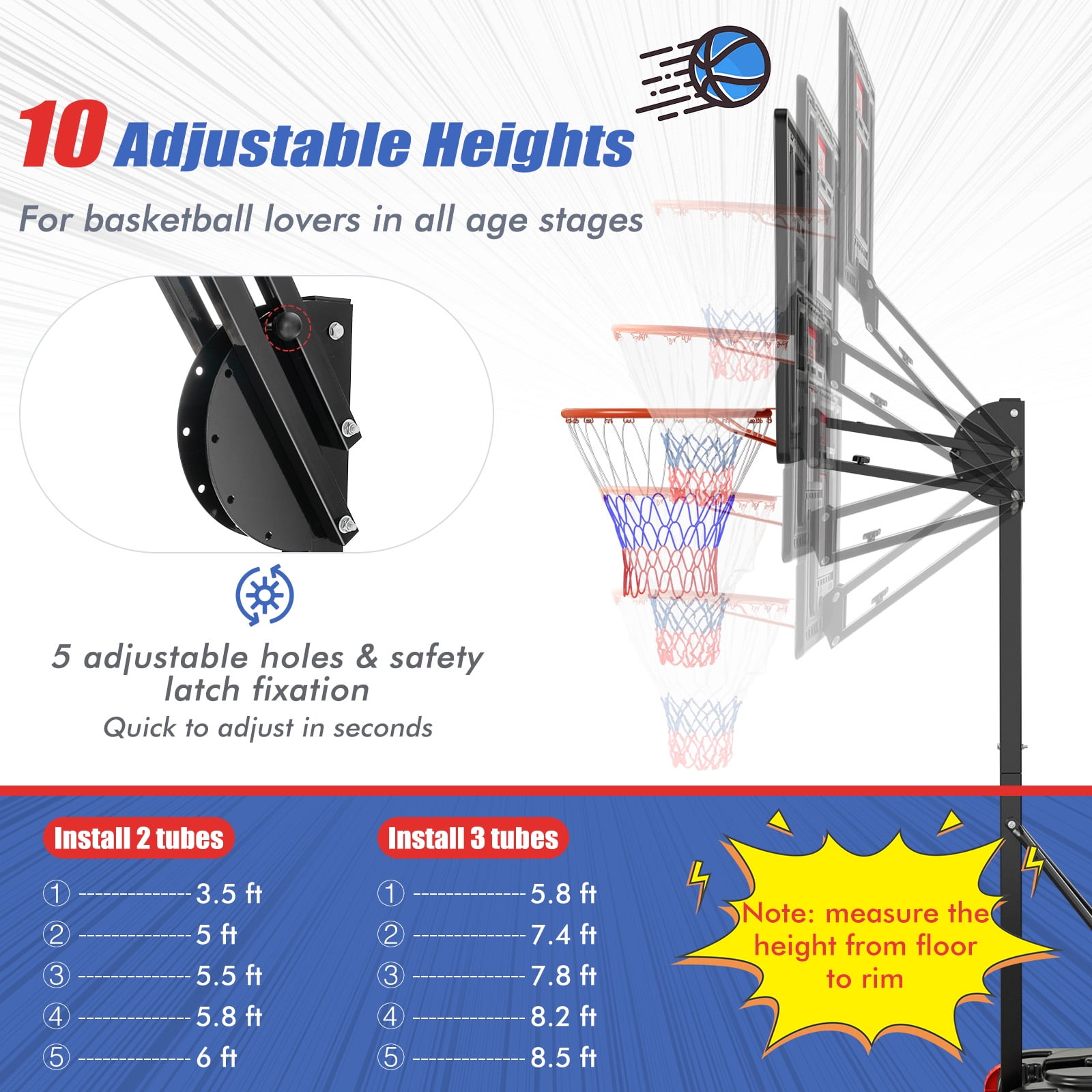 Panier De Basket Mobile GOPLUS - Hauteur Réglable 1,49m à 3,05m, Base Remplissable, Sac De Poids, 2 Roues